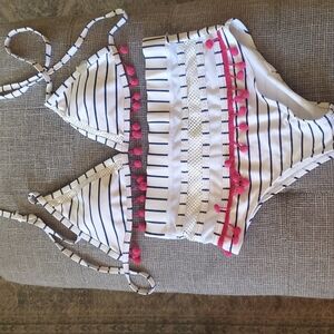 Striped White & Navy Pom-Pom Bikini Set with Pink Accents By Cocoaship Sz Small